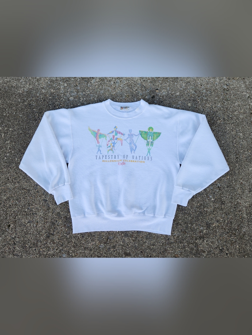 Disney White Crewneck Sweatshirt with Multicolor Tapestry of Nations Graphic